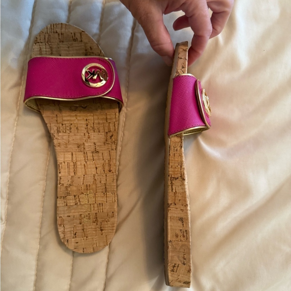 Michael Kors Pink Cork Sandals with Gold Accents - Picture 3 of 9